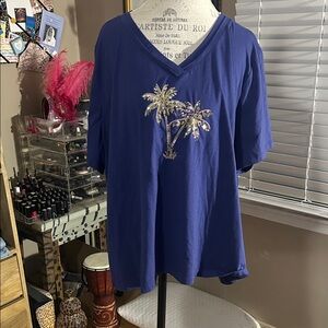 Blue V-Neck Top with Palm Tree Design - 3X